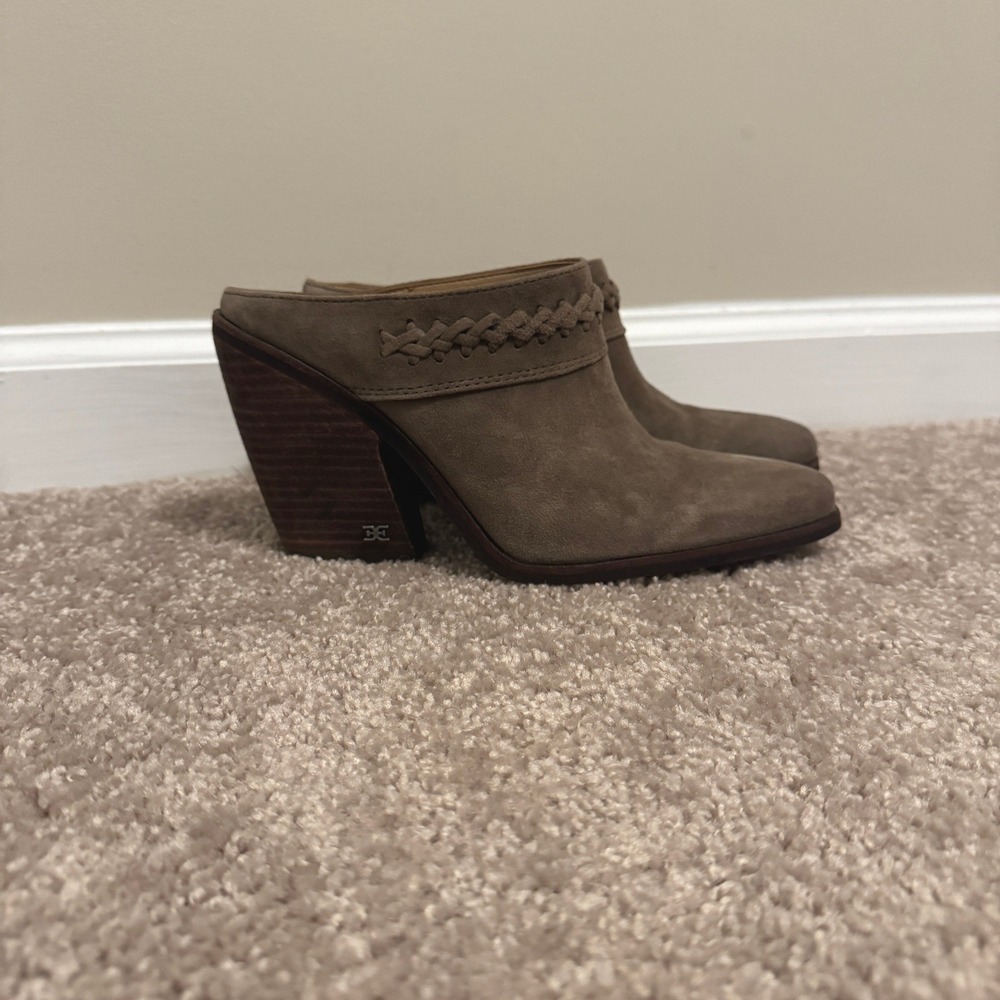 Sam Edelman Alison Suede Mules Taupe Pointed Toe Braided Trim Block Heel 6.5
